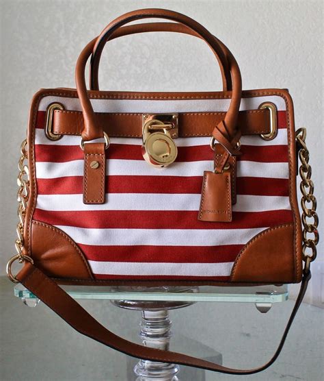 red and white striped michael kors tote